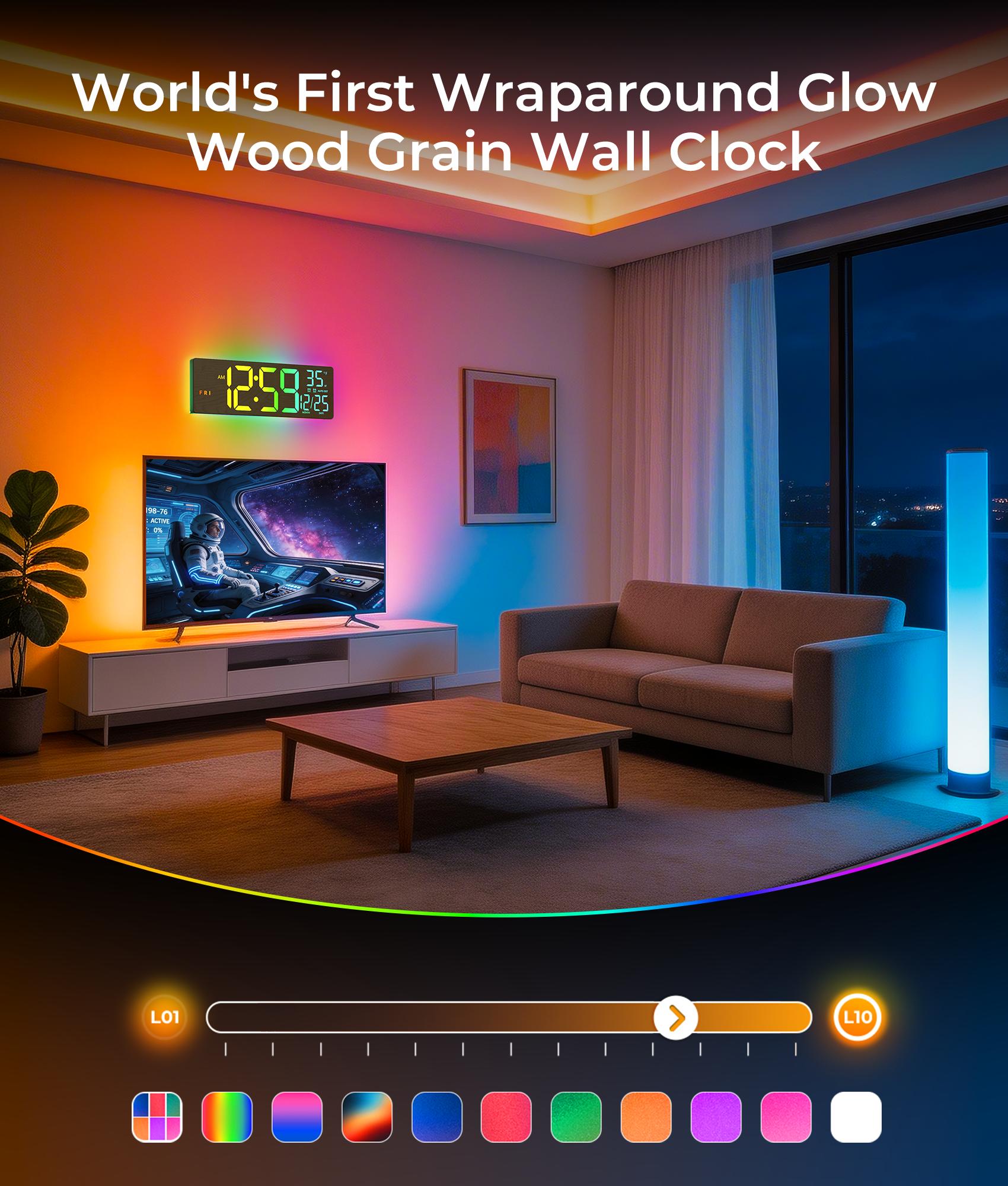 EASYERA Large Wood Grain Digital Wall Clock 16.5" & 12" with Remote Control RGB Atmosphere Lights 11 Scenes Dual Alarms LED Display for Livingroom Classroom Office Game