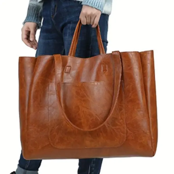 Large Vintage PU Tote Bag For Women - Stylish And Durable Carryall With Fixed Shoulder Straps, No-Closure Design For Everyday Use