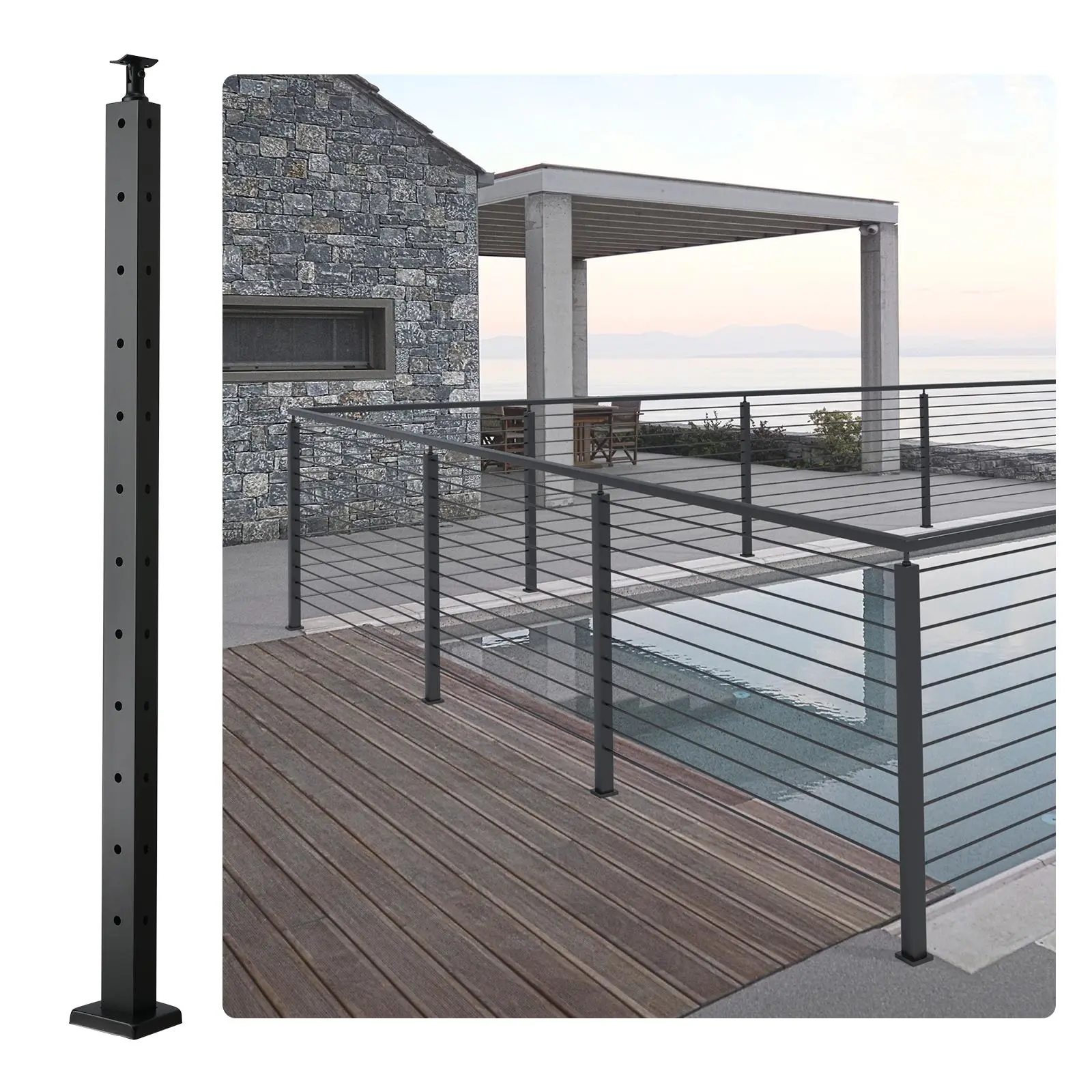 【SummerFinds】VEVOR Cable Railing Post, 42" x 1" x 2" Steel L-Shaped Hole Corner Railing Post, 12 Pre-Drilled Holes, SUS304 Stainless Steel Cable Rail Post with Horizontal and Curved Bracket, 1-Pack, Black