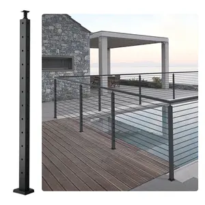 【SummerFinds】VEVOR Cable Railing Post, 42" x 1" x 2" Steel L-Shaped Hole Corner Railing Post, 12 Pre-Drilled Holes, SUS304 Stainless Steel Cable Rail Post with Horizontal and Curved Bracket, 1-Pack, Black