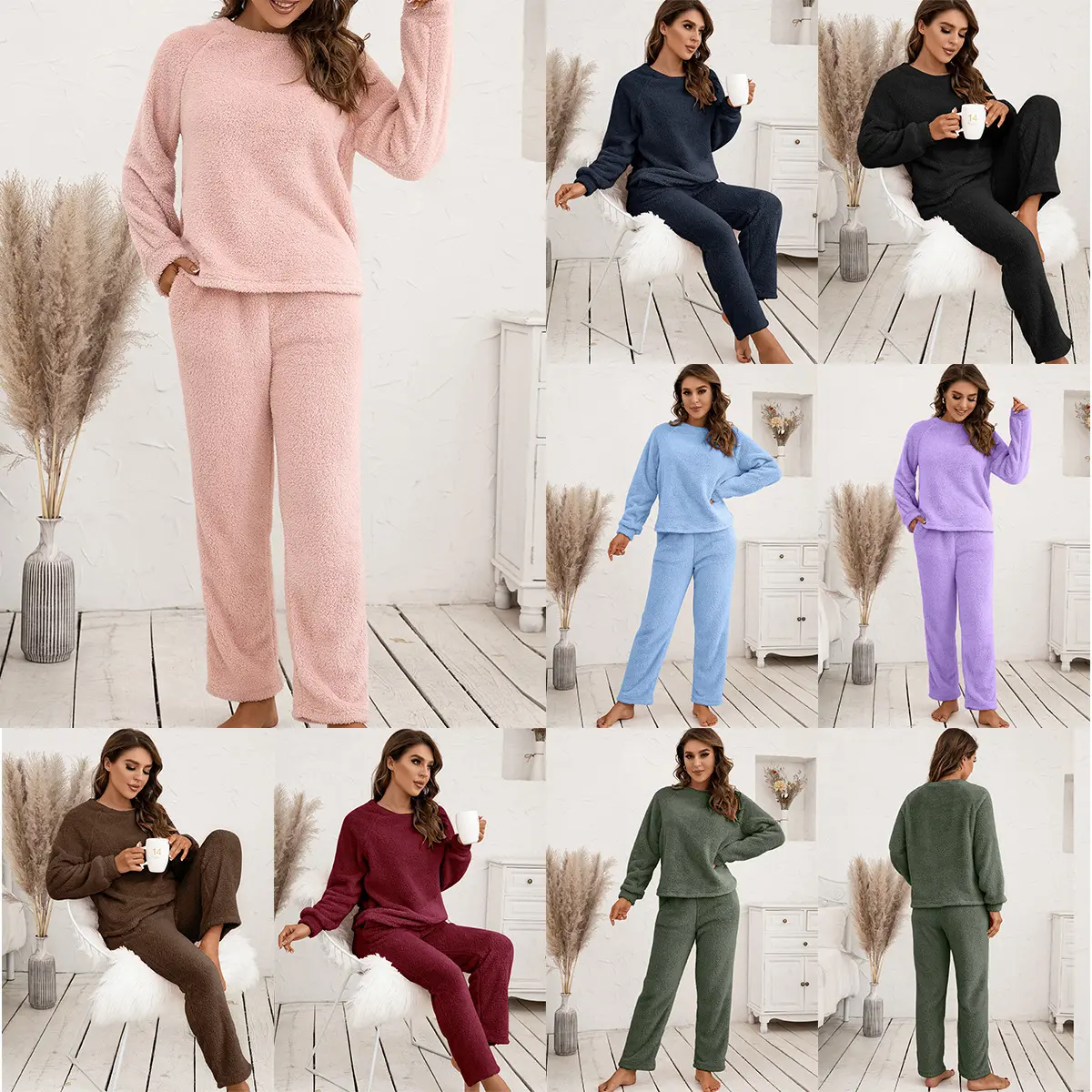2025 Women's Pajamas Sweater Suit Loose Casual Homewear Double-Sided Plush Two-Piece Set for Women spring