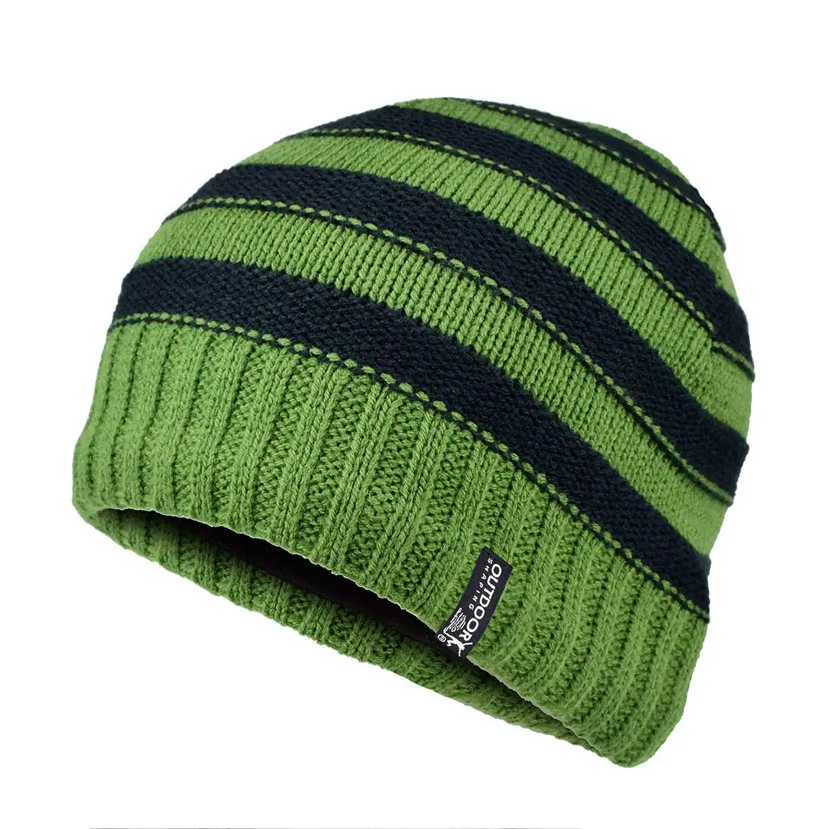 OUTDOOR SHAPING Unisex Fitted Green & Black Stripe Pattern Acrylic Knit Hat, Soft Thermal Clothes Accessory with Ribbed Cuff for Everyday Wear Warmth, Soft Acrylic, Acrylic Knit Hats, Beanie