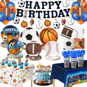 244 count  Birthday Party Decorations - Serve 30,  in  Football Basketball Baseball Soccer Party Supplies Kit with Banner, Plates, Napkins, Balloons, Tableware for Boys  Themed Party