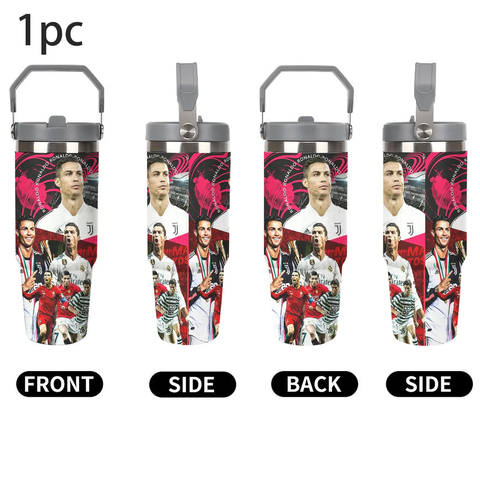 1pc 30oz Cristiano Ronaldo Career Collage Tumbler with Straw & Handle | Stainless Steel Insulated Mug with CR7 Club & National Team Legacy Art | Leak-Proof, Keeps Drinks Cold 24H | Ideal Gift for Soccer Fans & CR7 Collectors