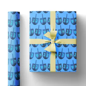 Hanukkah Wrapping Paper Roll, Blue Dreidel Print & Pattern, Pretty Holiday Gift Wrap with Spinning Dreidel Illustrations, Unique Design