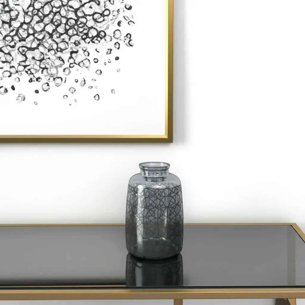 12 in. Translucent Charcoal Dark Gray Handmade 360-Stand Hand-Etched Geometric Round Glass Flower Vase, Contemporary Modern Decorative Table Centerpiece, Ideal for Room Decor, Mother's Day Home Supplies Gift