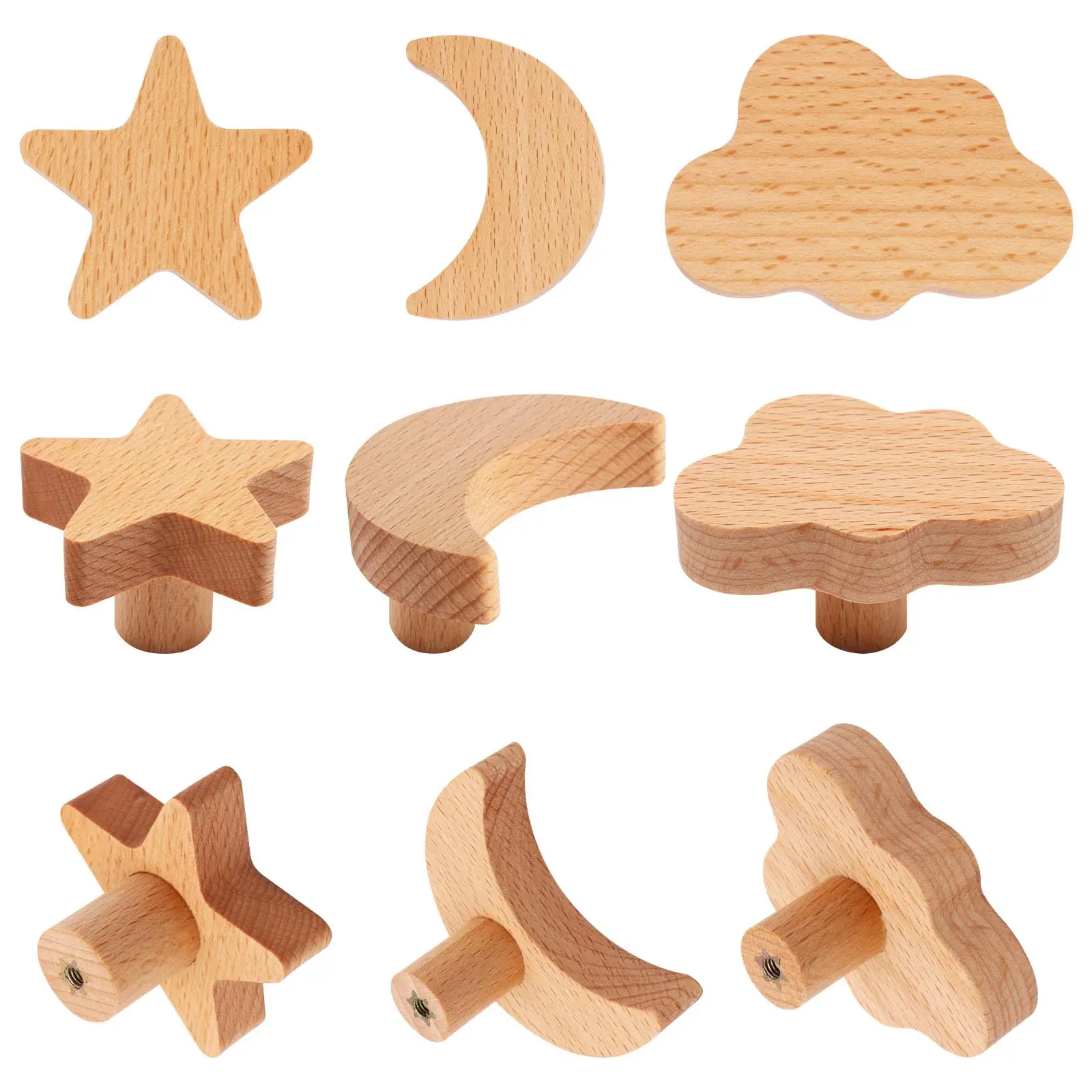 Wooden Cabinet Knobs  Star And Moon Shape Drawer Pulls Dresser Knob Woodland Animals For Crafts Handles Furniture Cupboard Closet Door (12 Cloud)