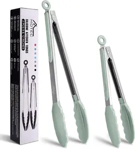 Hotec Premium Stainless Steel Locking Kitchen Tongs with Silicon Tips, Set of 2-9" and 12" Light Green