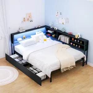 Corner Bed Frame with Storage Bookcase, Full Daybed with Storage Drawers Underneath,  Bed Unit with Charging Station and LED Light