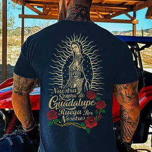 Men's Oversized Cotton Basic Short-Sleeve Round Neck Unisex T-Shirt - Aesthetic Lady of Guadalupe Religious Graphic, Mexican Culture Fashion Top with Roses, Domestic Variety Party Favor Pack