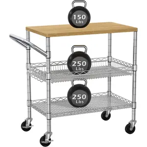 3 Tier Rolling Kitchen Carts on Wheels with Storage,650Lbs Heavy Duty Utility Carts with Wheels,Kitchen  with  Tabletop,Metal Serving Rolling Cart for Small Appliance  Cart,+Metal