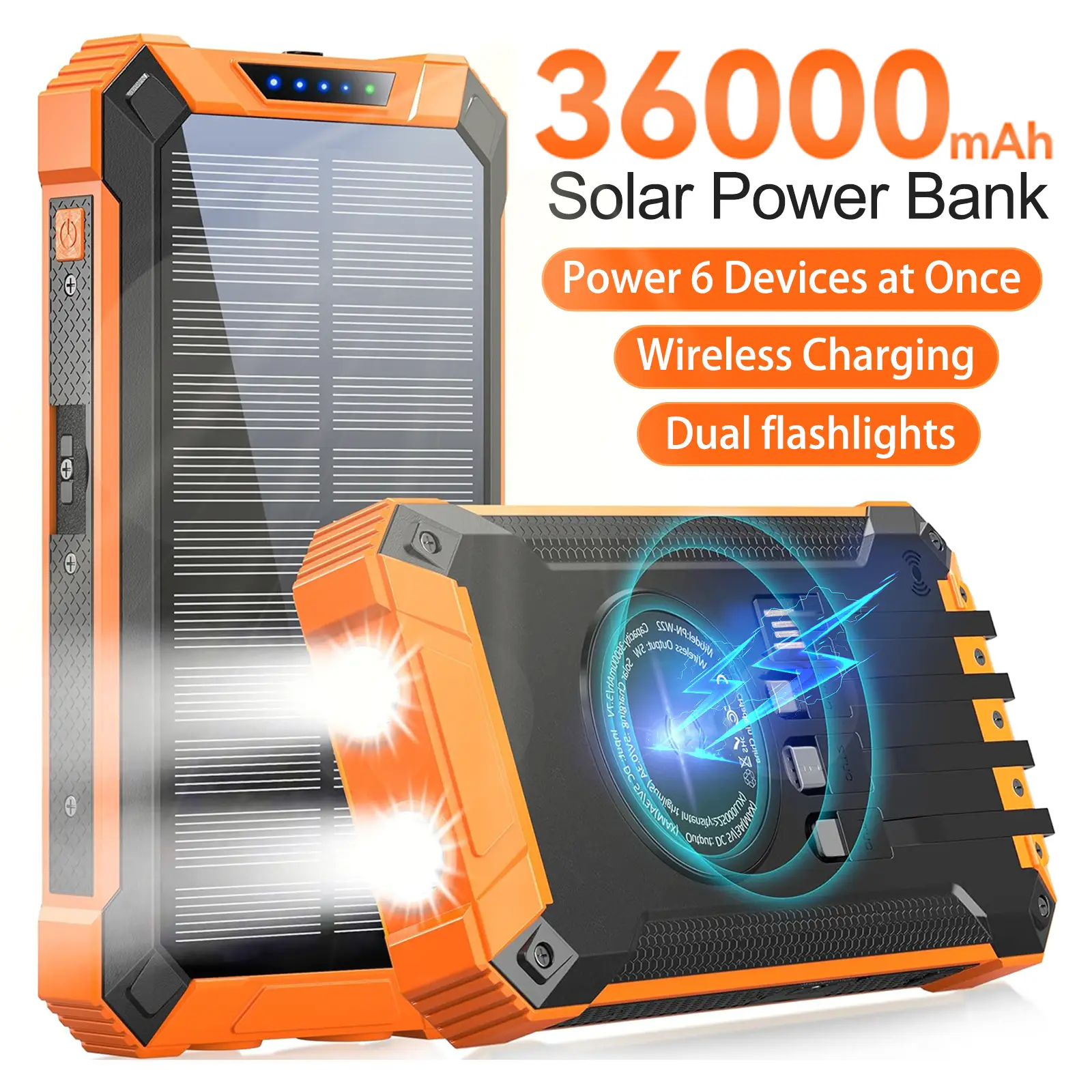 36000mAh Solar Charger Power Bank Wireless Charger Built in 4 Cables 6 Outputs, 18W Charging Power Bank for All Mobile Devices with Dual Flashlights