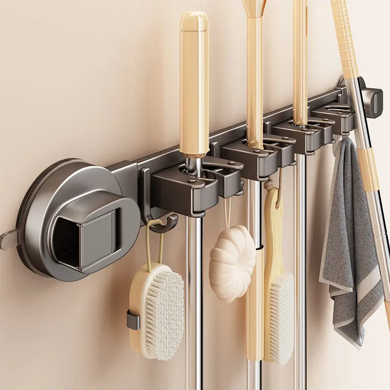 ABS+Aluminum Modern Vacuum Mop & Broom Holder - No-Drill Wall-Mount Heavy-Duty Storage Rack with Multiple Hooks for Cleaning Tools, Apartment Bathroom Organizer (1 x Suction Cup Holder, Strong Grip), Strong Suction