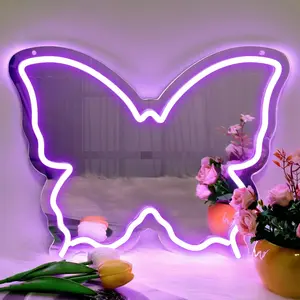 Butterfly Neon Sign Mirror, LED Neon Signs for Wall Decor, 15.7'' x 12'' Dimmable Neon Light for Teen Girls &  Birthday Party , Neon Sign for Bedroom Decor, Wall Mirror, USB  (Purple)