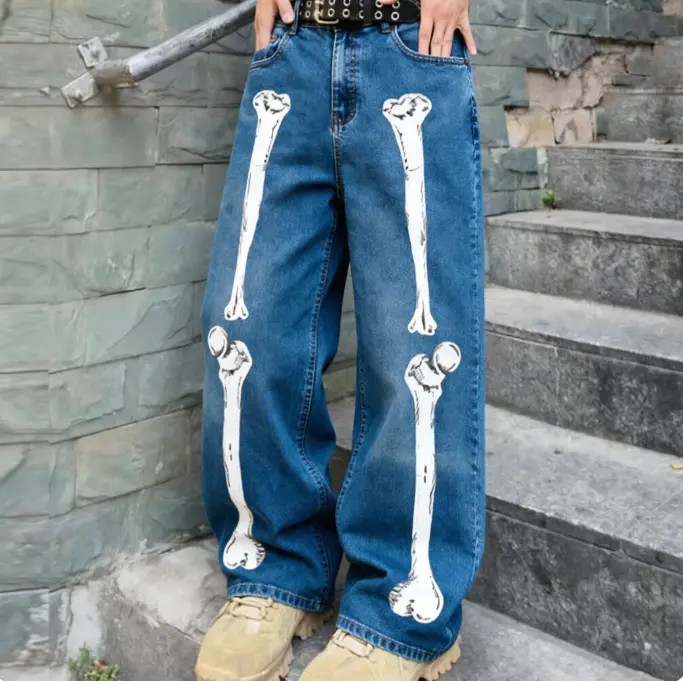Vintage Sketch White Bone Skeleton Symmetric Graphic Unisex Baggy Denim Pants Summer Cool 100% Denim Direct Spray Print Y2K Dark Daily Outfit