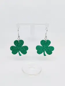 #172 Green Glitter Clover Earrings, Casual, St. Patrick's Day, Irish, Acrylic