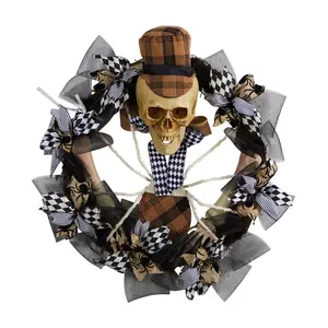 Nearly Natural 24" Halloween Skull in Plaid Mesh Wreath