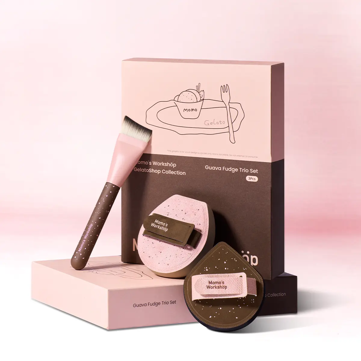 Momo's Workshop Gelato Shop Guava Fudge Trio Set – 3-Piece Makeup Puff & Brush Set, Soft Beauty Tools for Foundation, Blending & Setting Makeup