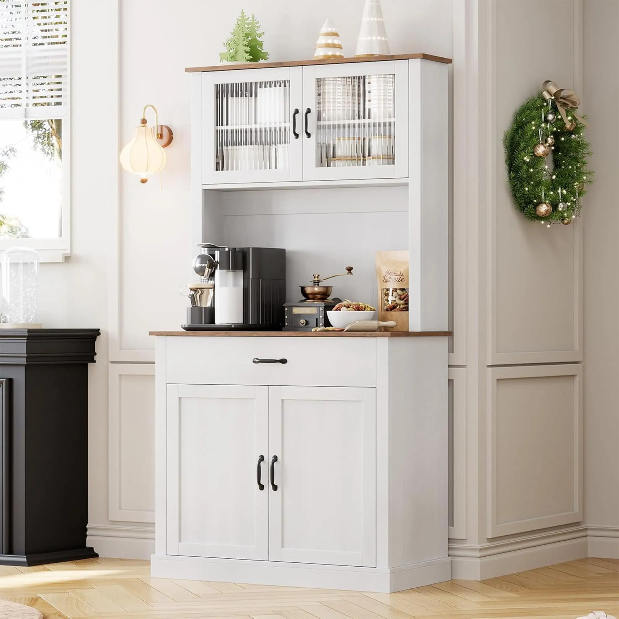 GARVEE Kitchen Pantry Cabinet with Microwave Stand, 71” Freestanding Tall Cabinet with Doors and Shelves, Available in White and Grey, Ideal for Kitchen and Dining Room Storage Solutions.