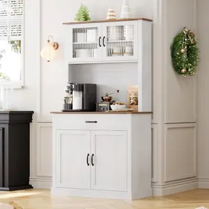 GARVEE Kitchen Pantry Cabinet with Microwave Stand, 71” Freestanding Tall Cabinet with Doors and Shelves, Available in White and Grey, Ideal for Kitchen and Dining Room Storage Solutions.