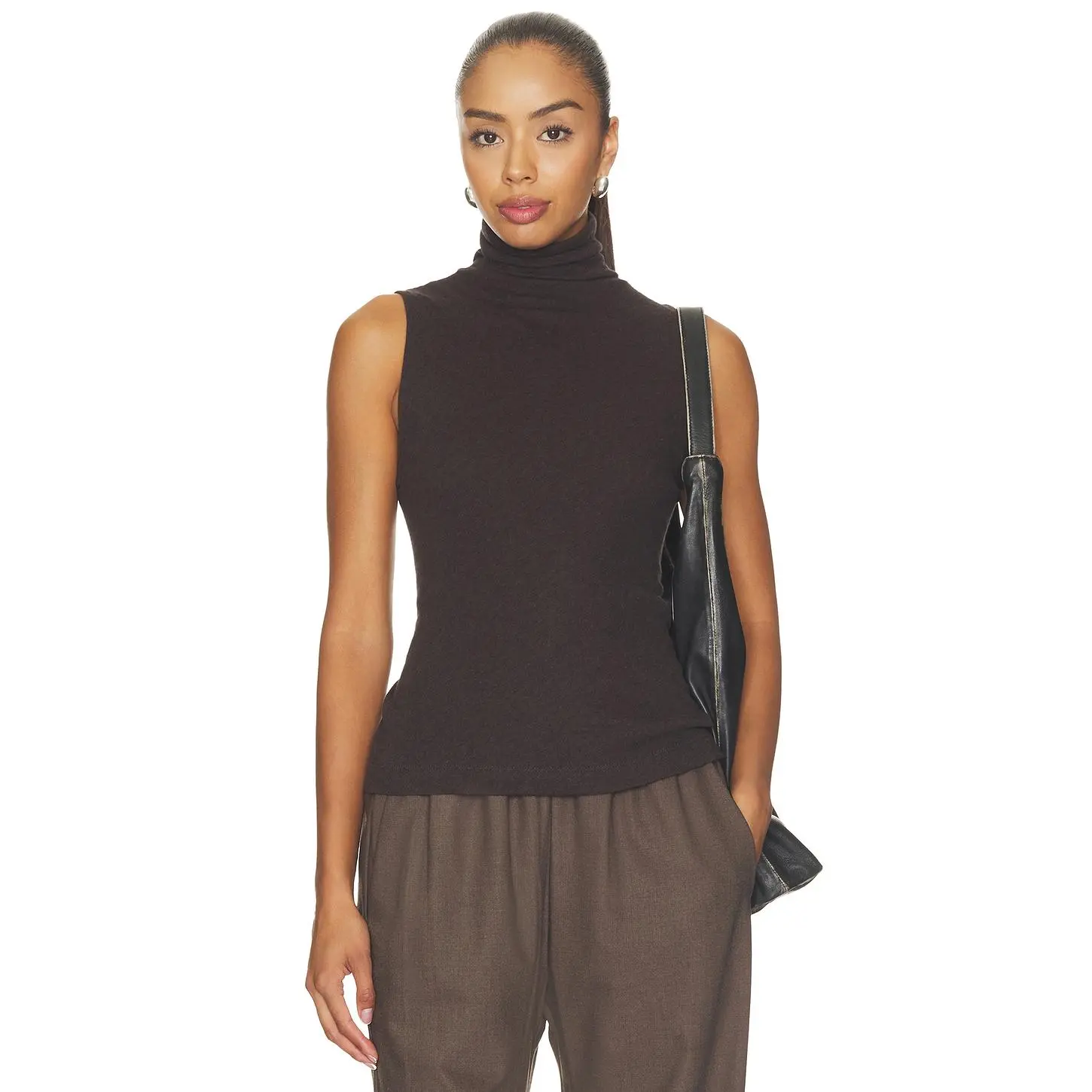 Enza Costa Cashmere Jersey Shell Top in Dark Brown