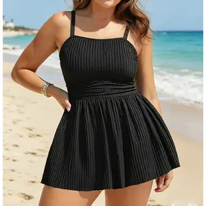 Plus Size Black Textured 2 Piece Tankini Dress, High Waist Swimsuit with Scallop Hem, Ruched Bathing Suit for Curvy Women