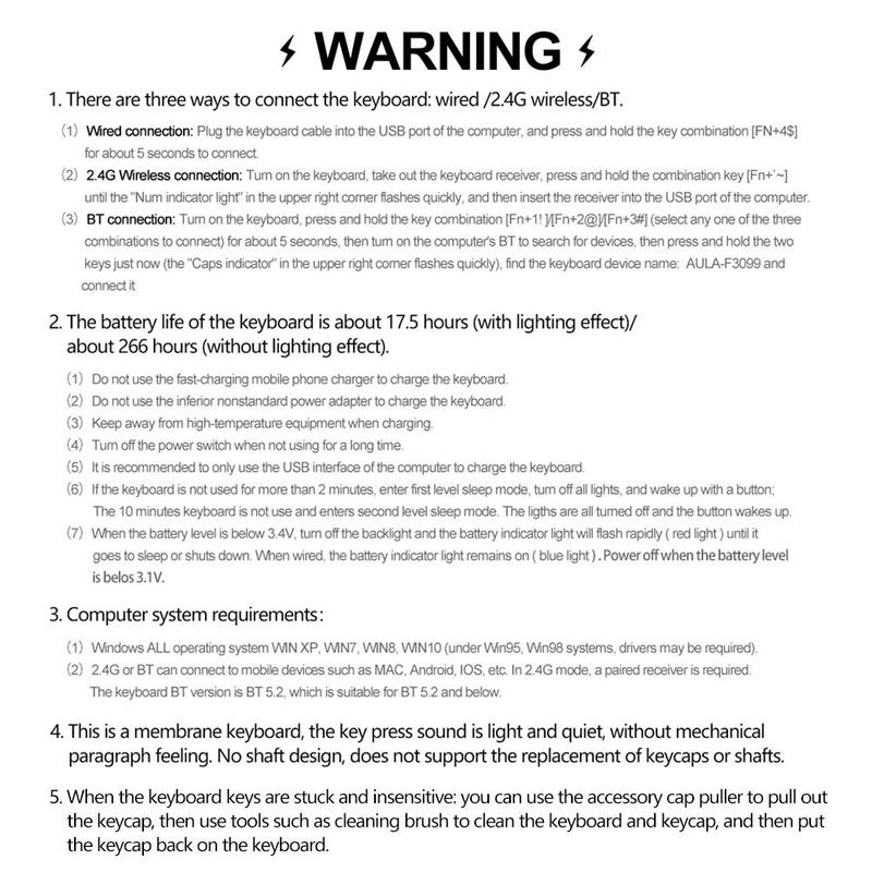 AULA F3099 three-mode, 99-key layout, light tone keys, cool RGB lighting effect, multi-function knob, ergonomic design, long battery life, compatible with computers, notebooks, mobile phones, membrane keyboard, Rgb Backlit Keyboard