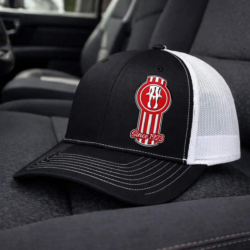 Kenworth Since 1923 Heritage Trucker Hat, Vintage Mesh Snapback Cap, Retro Red Badge Hat, Black White Trucker Cap, Classic Gift for Men