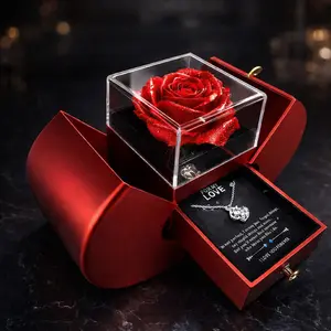 Red Heart Eternal Rose Jewelry Box with Necklace Gift Set - Quiet Luxury Trendy It Girl Ins Aesthetic Romantic Statement Gift for Her Accessories for Women Valentines&birthday Boujee Gifts for gf and Mother's Day