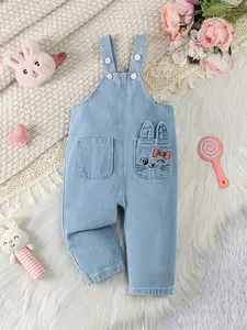 Girls' Denim Bib Pants, New Arrival Light Blue Washed Cotton Comfortable Design, Perfect for Daily & Casual Activities