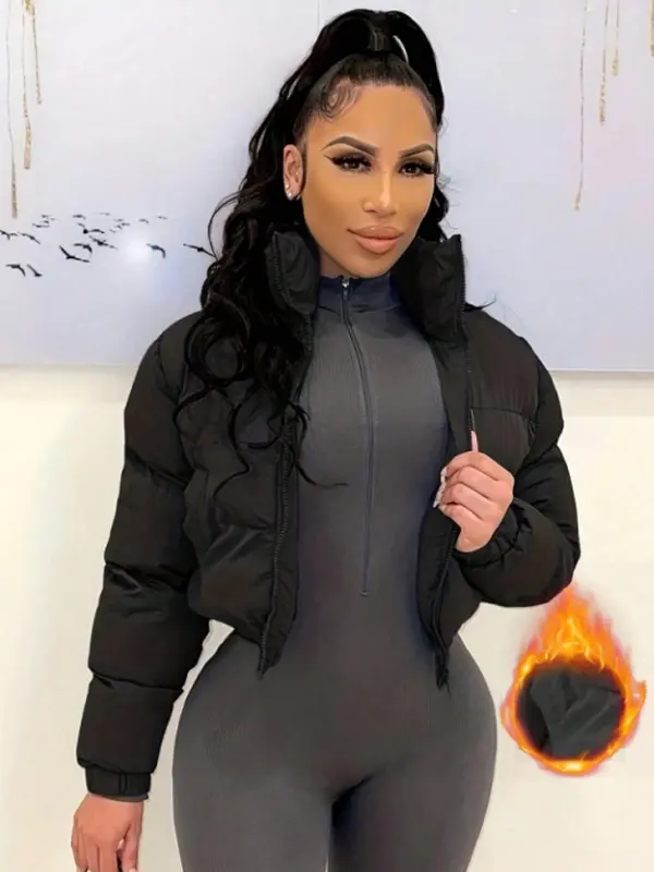 Women’s short cotton jacket with a stand collar, casual warm outerwear featuring a high stand collar and puff design, full zip closure, elastic cuffs, lightweight warmth retention, pairs well with form-fitting base layers to accentuate the waistline, suit