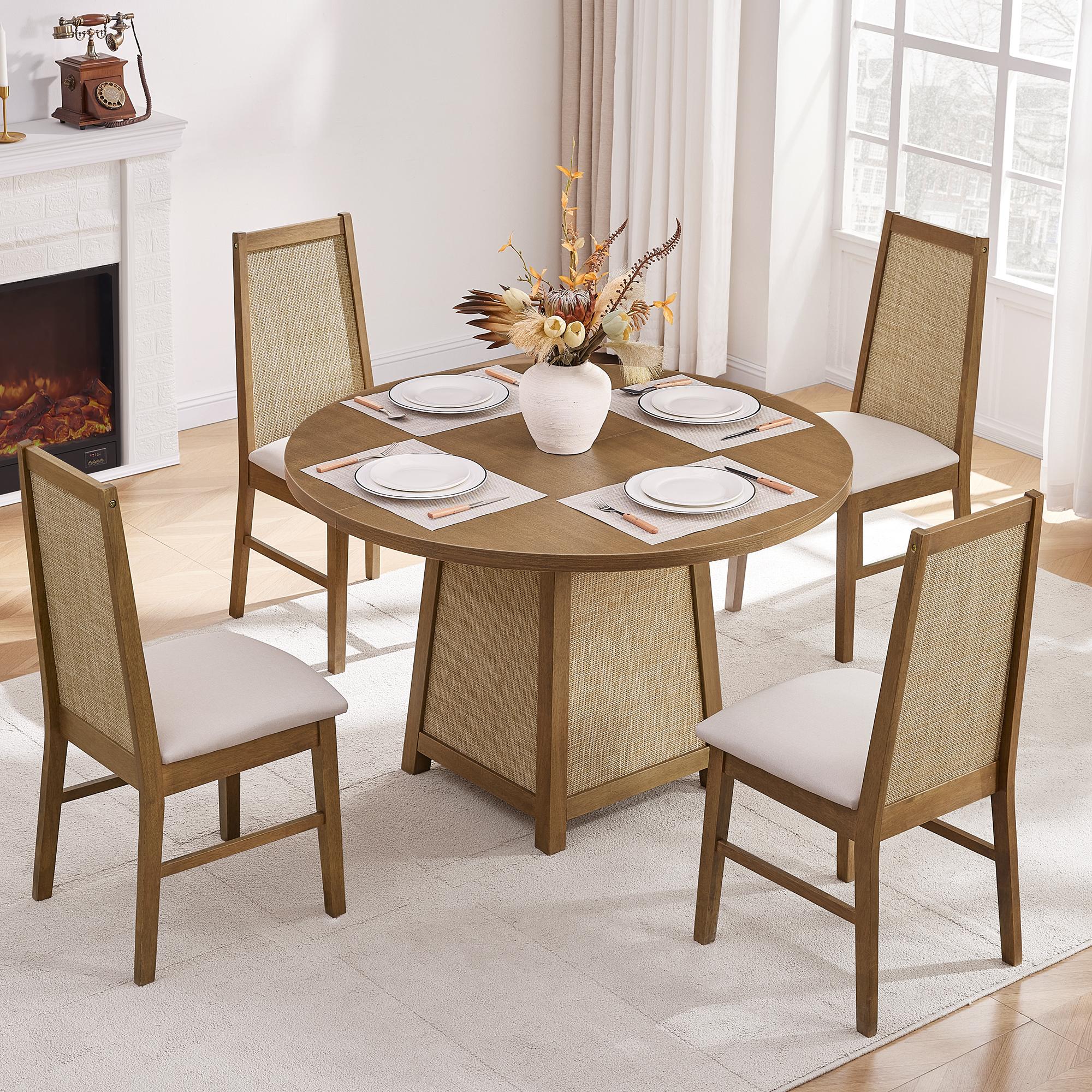 SICOATS Farmhouse Dining Table Set, 5-Piece Round Kitchen Table for 4 with Rattan Detail & Upholstered Chairs, 47 Inch Solid Wood Dining Set in Oak, Modern Cottage Style