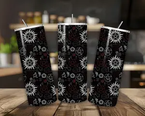 20 oz Supernatural Stainless Steel Tumbler with Lid, Straw - Symbols