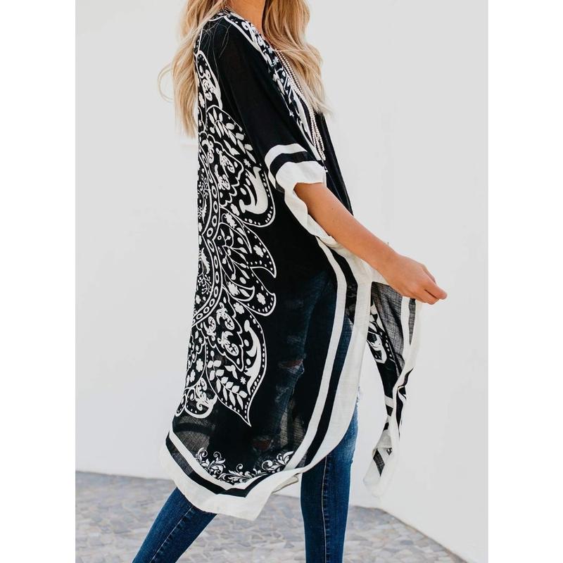 Black and White Kimono Cardigan for Women Lightweight Flowing Open Front Cover Up with Boho Ethnic Print Chic Monochrome Style Ideal for Summer Beach Vacation Cruise Pool Resort Travel Daily Layer for Sun Protection or Casual Outfits