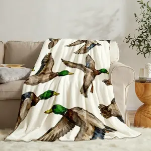60"×80" Vintage Mallard Duck Print Flannel Throw Blanket, Watercolor Wild Duck Pattern Soft Blanket for Cabin Decor & Hunter Gift