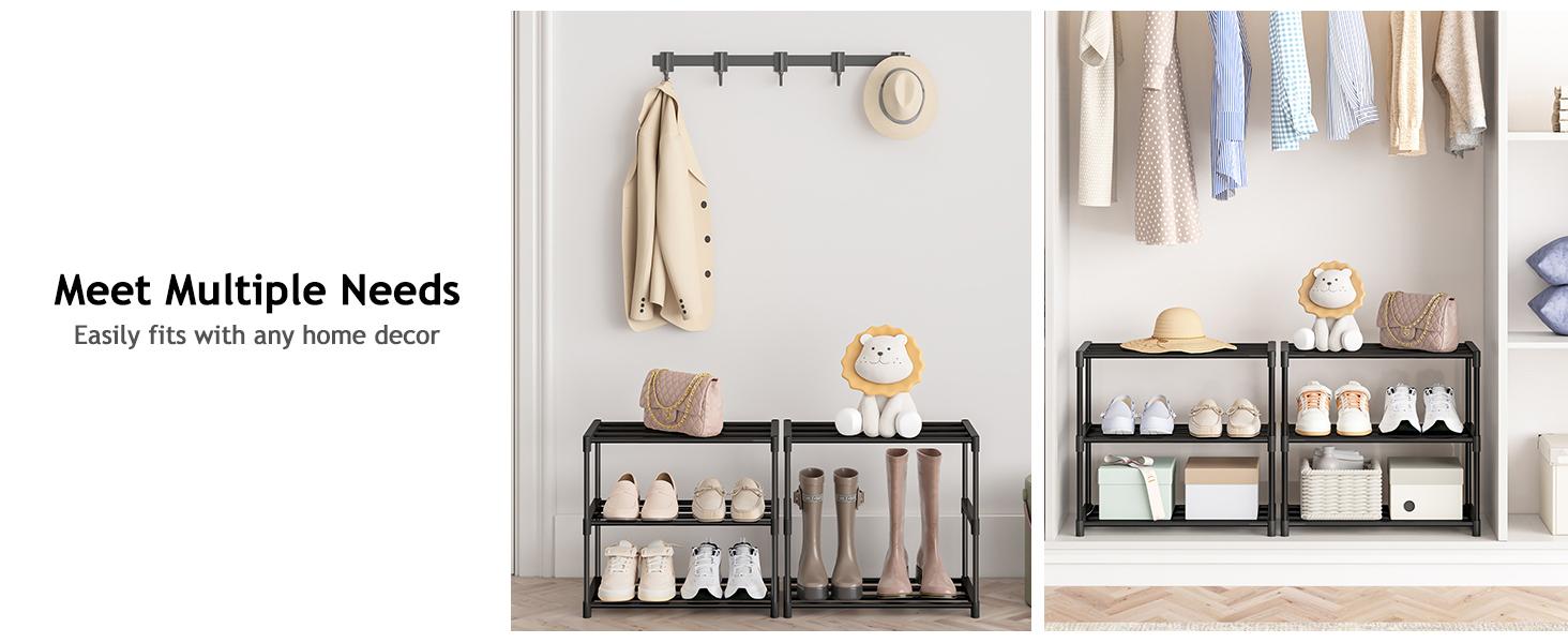 Three-tier ultra-small shoe rack (16.3 inches wide), narrow stackable design suitable for children, toddlers, and adults; lightweight shoe rack ideal for wardrobe storage, dorm organization, entryway/foyer at the front door.
