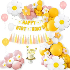 Daisy Birthday Decorations 85 Pcs Pink, Yellow & White Balloon Arch Kit with Groovy Cake Topper