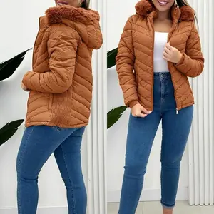 Women's Zip Up Pocket Design Shirred Waist Jacket Fuzzy Trim Fleece Lined Hooded Puffer Coatc02p
