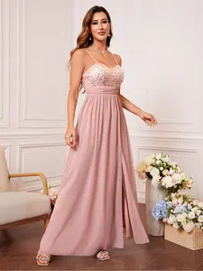 Elegant Backless Sequined Chiffon Maxi Dress, High Slit Formal Party Gown, Sleeveless Ruched Waist, Flared Hem, Perfect for Parties