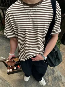 Men's Striped Contrast Round Neck Loose Fit T-Shirt, Y2K Street Style, Casual Lazy Basic Short Sleeve Daily Wear Top