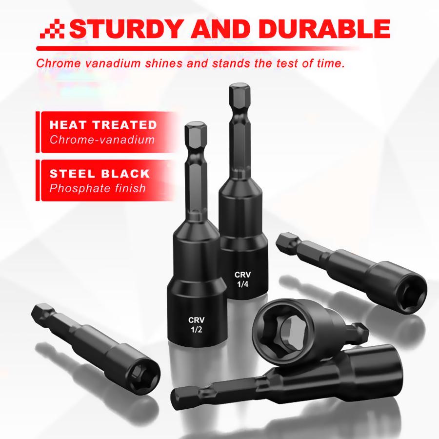 Magnetic Nut Driver Set 15-Piece, SAE (1/4" - 9/16") and Metric (6-14mm) Impact, Chrome Vanadium Steel 1/4" Hex Shank Magnetic Nut Driver Set