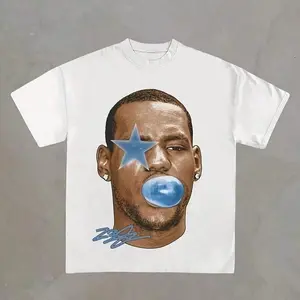 1pc Y2K LeBronES JamEes Blue Bubble Gum & Star Portrait Print Graphic Tee,Casual Print,Comfortable And Versatile,Pure Heavy 220g 100% Cotton Printed T-Shirt,Unisex Style,1 Pcs Summer Tops Summer Clothes Shirts Spring Outfits For Women Summer Graphic Tees