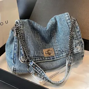 2026 Denim Bag Chain Shoulder Bag Women's Fashion Commuting Work Underarm Bag Vintage Texture Travel Handbag