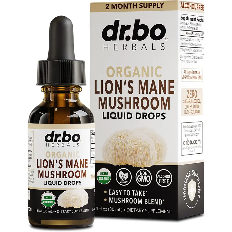 Dr. Bo Lions Mane Mushroom Liquid Drops - Organic Lion's Mane Supplement Adaptogen & Nootropic for Focus, Fog & Brain Health - 1 Fl Oz