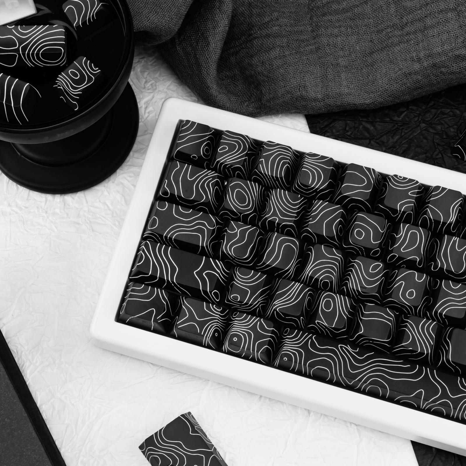 131-Key Black Topographic PBT Keycaps, Cherry Profile Side Printed Shine Through Dye Sublimation Custom Keycaps Compatible with All MX Switches Only Keycaps