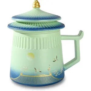 14.8oz Ceramic Tea Cup with Infuser and Lid, Loose Leaf Tea Steeper Travel Mug with Fine Strainer and Handle