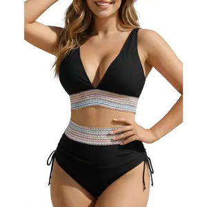 High Waisted Bikini Sets for Women Color Block V Neck Two Piece Swimsuit Ruched Side Drawstring US Sizes 4-22