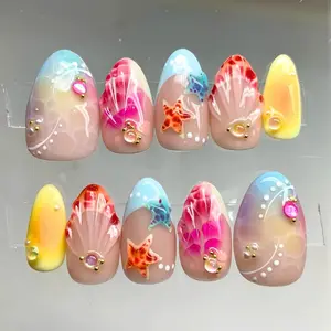 HelenNails-Hand-Painted Tortoise & Colorful Seashell, Starfish Press On Nails, 3D Gel Fairycore Fake Nails, Brilliant Summer Nails For Vacation Holiday-HL40
