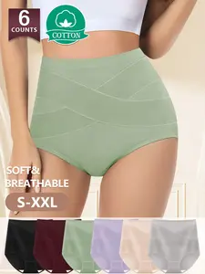6-Pack Cotton High Waist Design Tummy Control Underwear for Women S-Xxl, Soft Breathable Lightweight No-Sweat Everyday Briefs Panties, Available in Multiple Colors