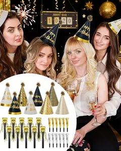 Set of 30 Pcs Birthday Party Decoration Set – Gold Cone Hats Includes 8 Paper Party Hats and 22 Metallic Noise Makers for Adult Celebrations